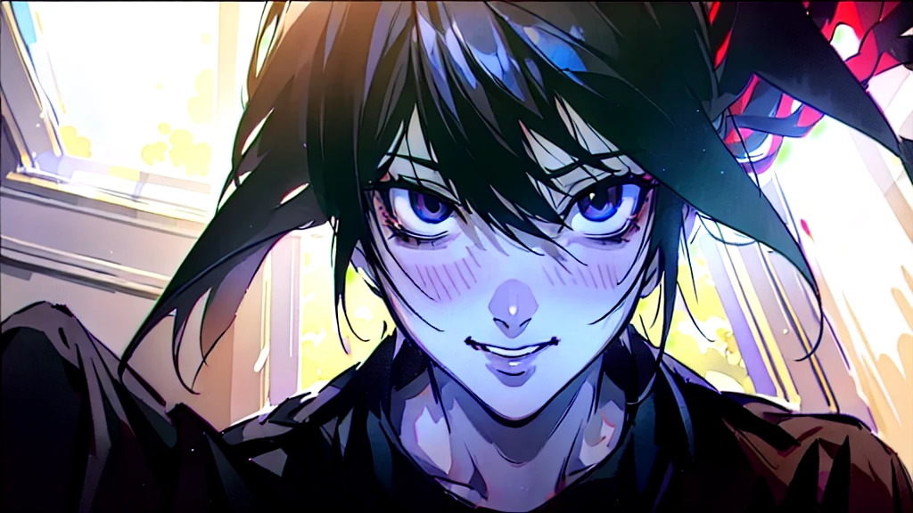 1 boy, man, perfect anatomy, mesmerizing black eyes, 8k resolution, (one person), (realism: 1.2), (masterpiece: 1.2), (cowboy frame: 1.2), dark romantic lighting, (high detail: 1.2), (detailed face: 1.2), (gradients), bright detailed eyes, (natural light: 1.2), solo, indoors, perfect lighting, (black lips), vampire fangs, perfect facial features, perfect angle, perfectly drawn eyes, man, smile, skinny, sitting