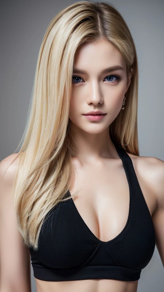 ((Best Quality, 8K, Masterpiece: 1.3)), Full Body, Focus Clear: 1.2, Outstanding Beauty: 1.4, Slender Abs: 1.2, ((Blonde, Big: 1.2)), Black Tank Top, Highly Detailed Face and Skin Texture, Detailed Eyes, Double Eyelids