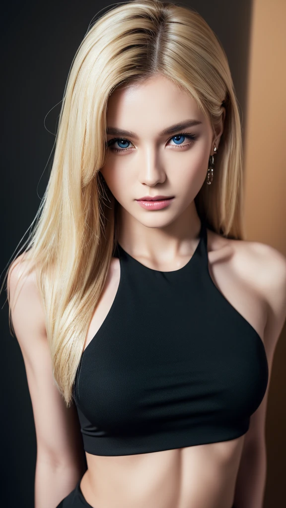 ((Best Quality, 8K, Masterpiece: 1.3)), Full Body, Focus Clear: 1.2, Outstanding Beauty: 1.4, Slender Abs: 1.2, ((Blonde, Big: 1.2)), Black Tank Top, Highly Detailed Face and Skin Texture, Detailed Eyes, Double Eyelids