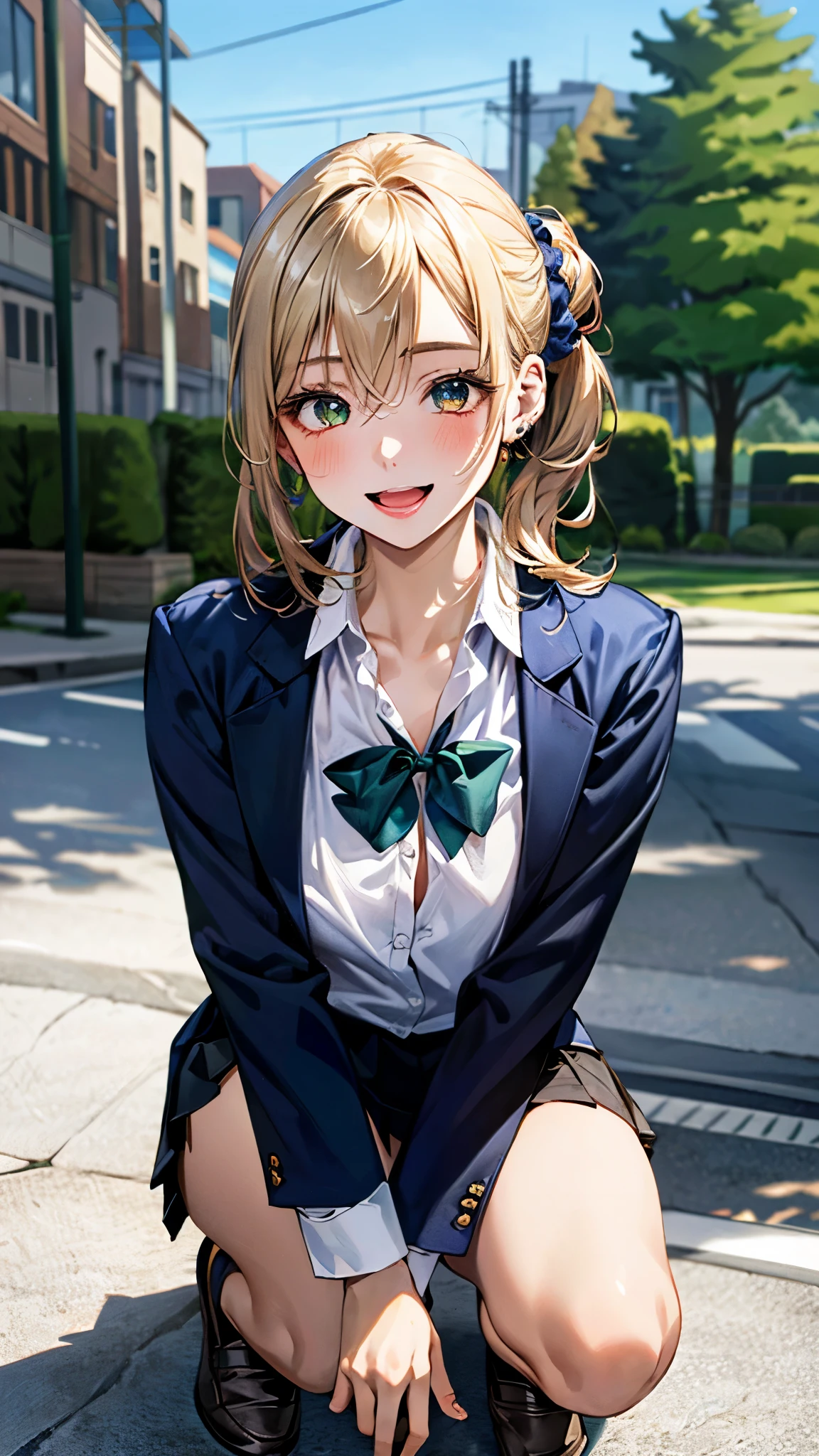 (masterpiece:1.3, top-quality, ultra high res, ultra detailed), (realistic, photorealistic:1.4), beautiful illustration, perfect lighting, colorful, depth of fields,
beautiful detailed hair, beautiful detailed face, beautiful detailed eyes, beautiful clavicle, beautiful body, beautiful chest, beautiful thigh, beautiful legs, beautiful fingers,
looking at viewer, 1 girl, japanese, high school girl, perfect face, (perfect anatomy, anatomically correct), cute and symmetrical face, babyface, , shiny skin,
(middle hair:1.5, topknot, loose hair, blonde hair), hair between eyes, dark green eyes, drooping eyes, big eyes, long eye lasher, (medium breasts), slender,
((navy blazer, collared white shirt, navt pleated skirt)), dark red bow tie, piercing, hair scrunchie,
(beautiful scenery), evening, (park), squatting, (lovely smile, upper eyes, open mouth),