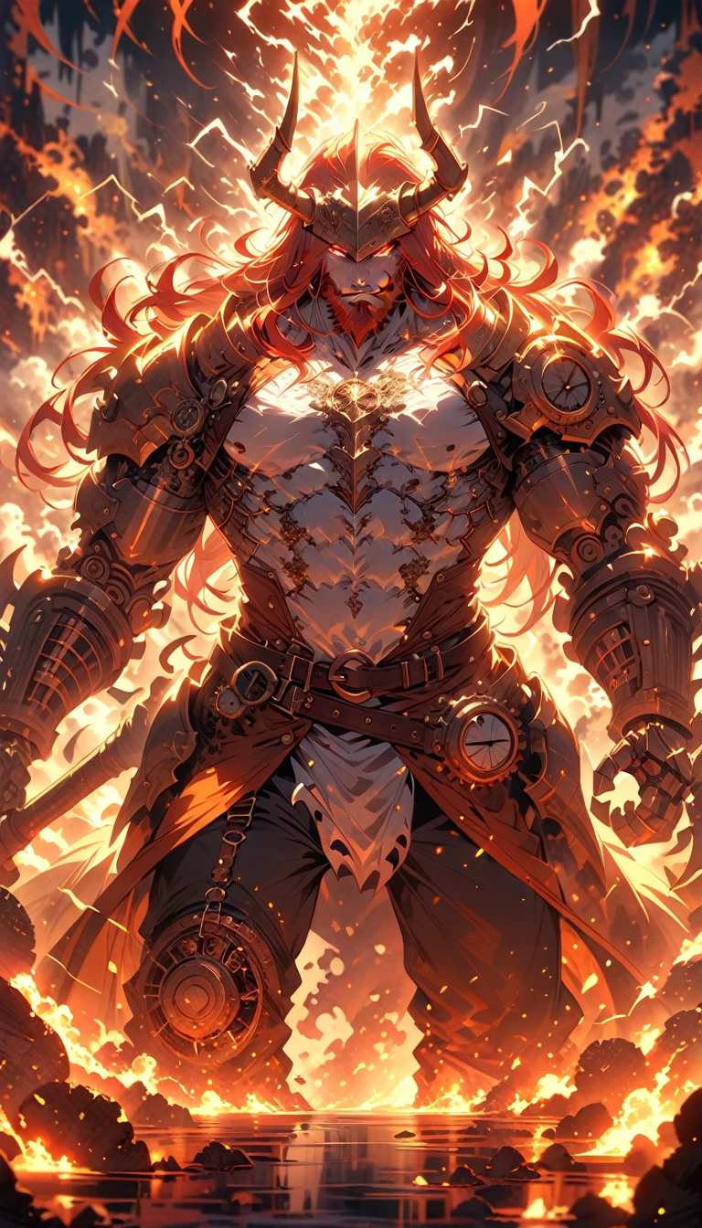 ((best quality)) , ((masterpiece)) , (detailed),axe, 1boy, male focus, horns, glowing eyes, holding, beard, glowing, solo, weapon, holding axe, facial hair, muscular, fire, holding weapon, chain, looking at viewer, long hair, lightning, muscular male, red hair, horned helmet, armor, helmet, belt, fake horns, molten rock, feet out of frame, standing, battle axe, electricity,(((steampunk style . antique, mechanical, brass and copper tones, gears, intricate, detailed)))