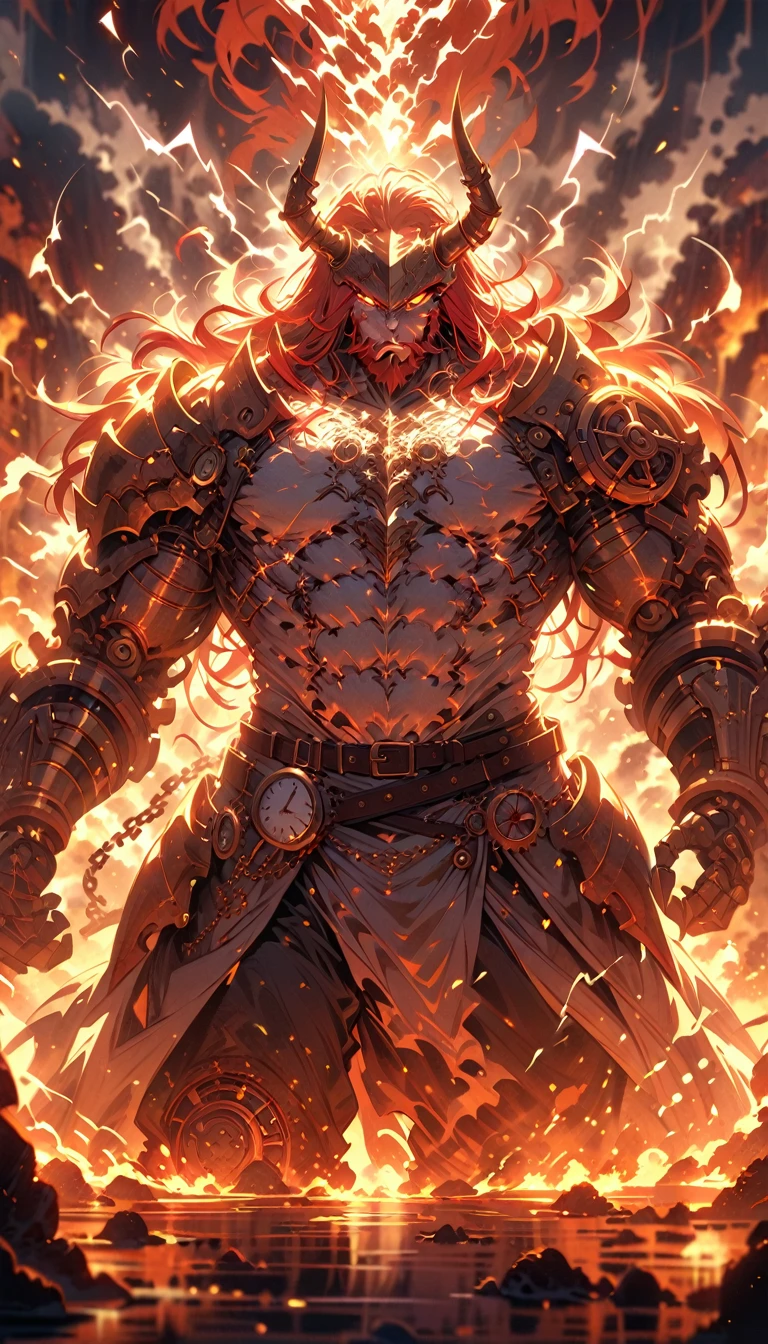 ((best quality)) , ((masterpiece)) , (detailed)，axe, 1boy, male focus, horns, glowing eyes, holding, beard, glowing, solo, weapon, holding axe, facial hair, muscular, fire, holding weapon, chain, looking at viewer, long hair, lightning, muscular male, red hair, horned helmet, armor, helmet, belt, fake horns, molten rock, feet out of frame, standing, battle axe, electricity,(((steampunk style  . antique, mechanical, brass and copper tones, gears, intricate, detailed)))