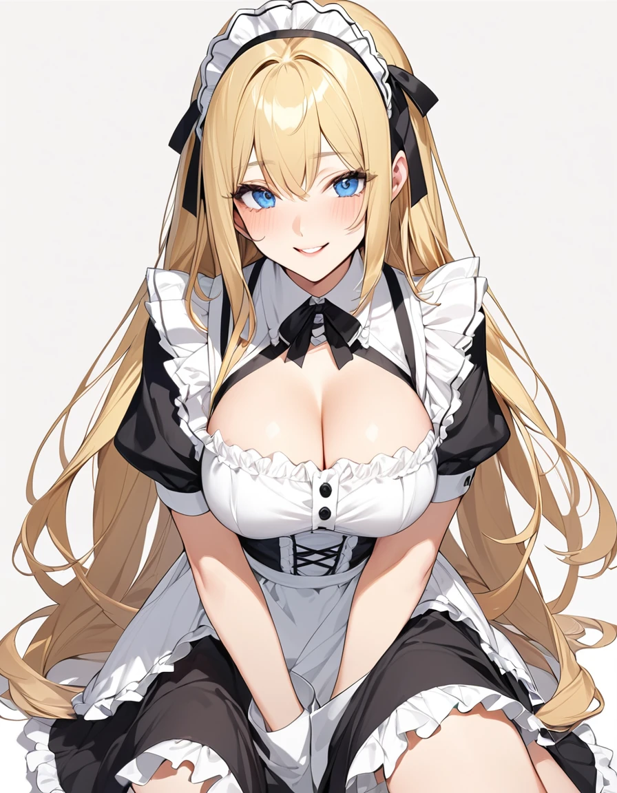 Beautiful girl in maid、(Top quality illustrations:1.2), (pretty girl:1.1), (1 girl、、Top quality illustrations:1.2), (1 girl、Kind eyes、blue eyes:1.2)、Blonde、Semi-long hair、Mature、Large Breasts、smile、(Black and white maid costume) 、sexy、White background、Simple Background
