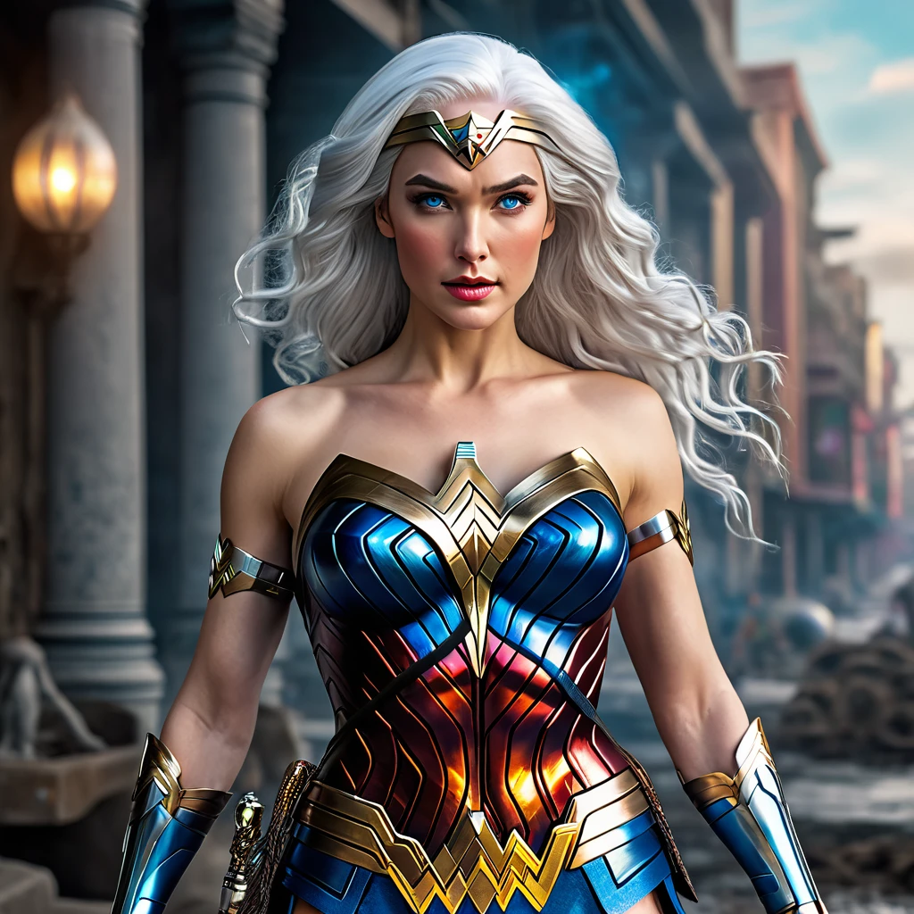 Hyperrealistic full body, a beautiful wonder woman, blue colored eyes, white hair, wearing intricately detailed colorful clothing and futuristic jewelry.