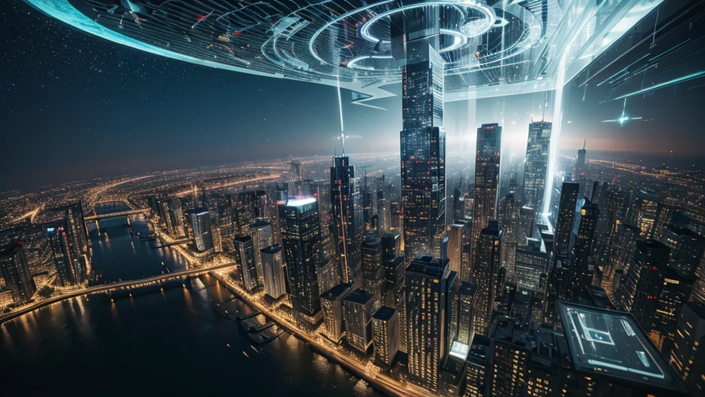 City with avant-garde buildings incorporating magical technologies (holograms, magico-technological transport), eclectic buildings with creative touches (magical murals, living sculptures). Sky View