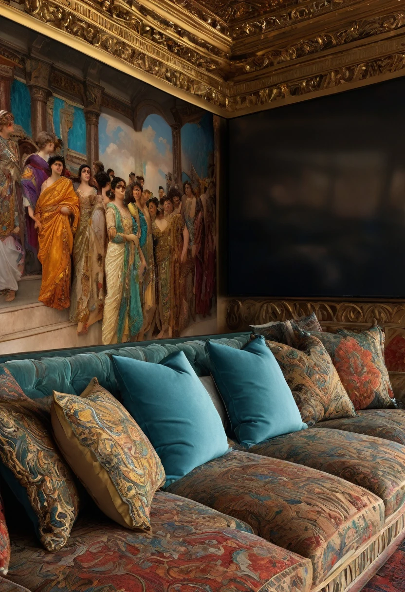a close up of a couch with pillows and pillows in front of a large screen, a hyperrealistic painting inspired by Lawrence Alma-Tadema, reddit, renaissance, netflix, luxurious environment, netflix trese, netflix series, incredible masterpiece, arcane netflix, extremely opulent, cozy place, relaxing environment, conversation pit, beautiful masterpiece, taken in 2022