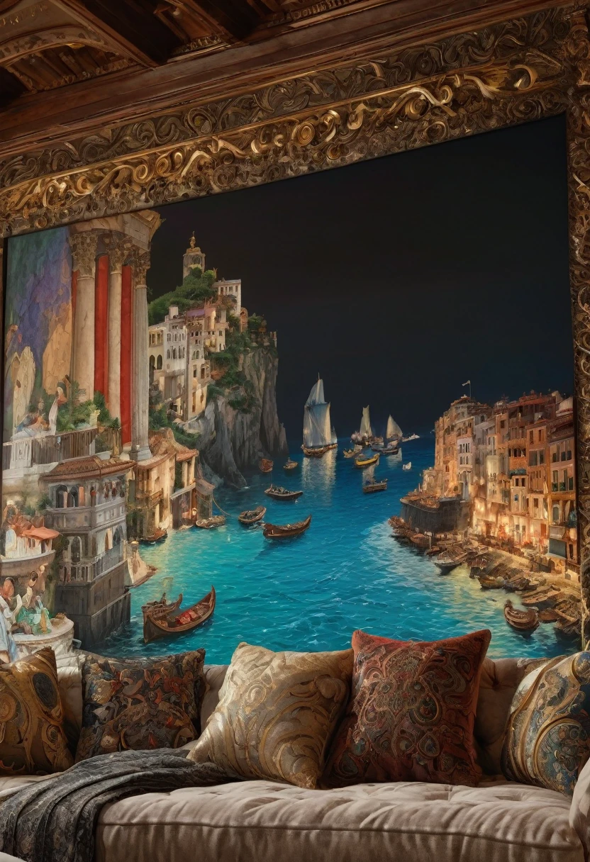 a close up of a couch with pillows and pillows in front of a large screen, a hyperrealistic painting inspired by Lawrence Alma-Tadema, reddit, renaissance, netflix, luxurious environment, netflix trese, netflix series, incredible masterpiece, arcane netflix, extremely opulent, cozy place, relaxing environment, conversation pit, beautiful masterpiece, taken in 2022