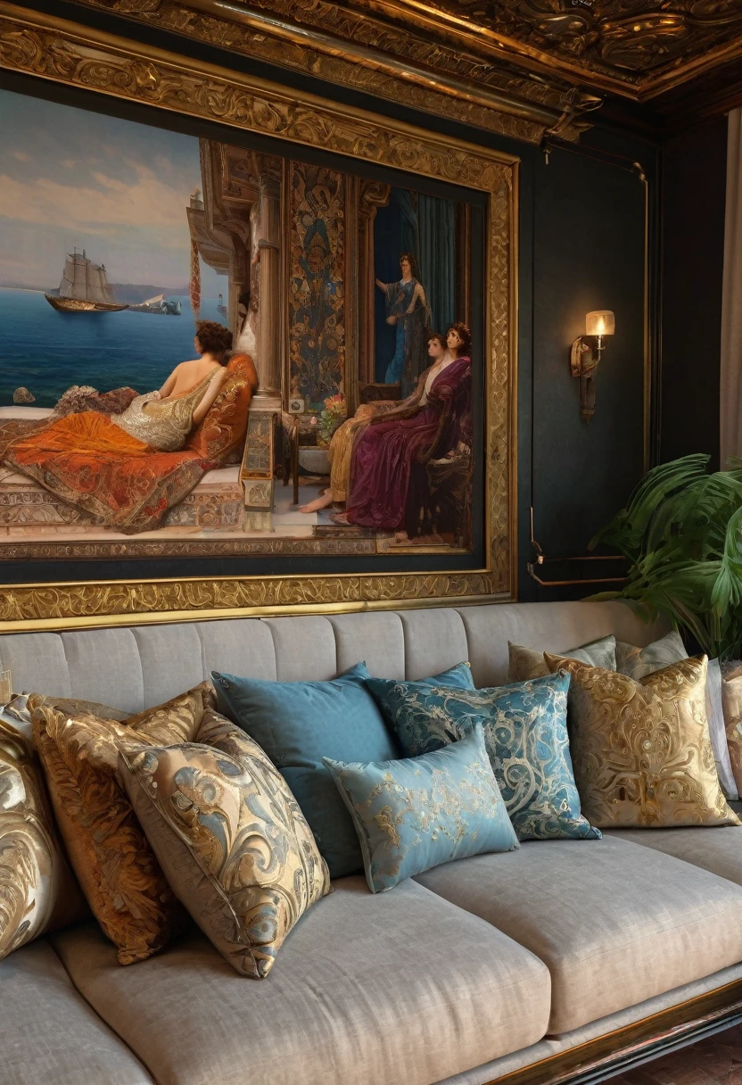 a close up of a couch with pillows and pillows in front of a large screen, a hyperrealistic painting inspired by Lawrence Alma-Tadema, reddit, renaissance, netflix, luxurious environment, netflix trese, netflix series, incredible masterpiece, arcane netflix, extremely opulent, cozy place, relaxing environment, conversation pit, beautiful masterpiece, taken in 2022