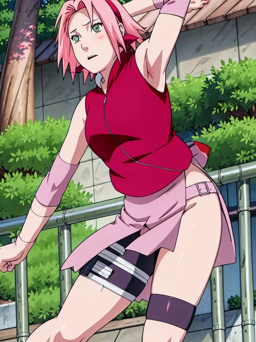 Sakura Haruno nude,wide hips,abdomen,sexy ,Show your armpits,jump,On the tree,IPST, naked,Torn shirt,blushing,sexually aroused, In the forest,open shirt,nipple,pink nipples,Water drips on the crotch,Fluid on the legs,full body