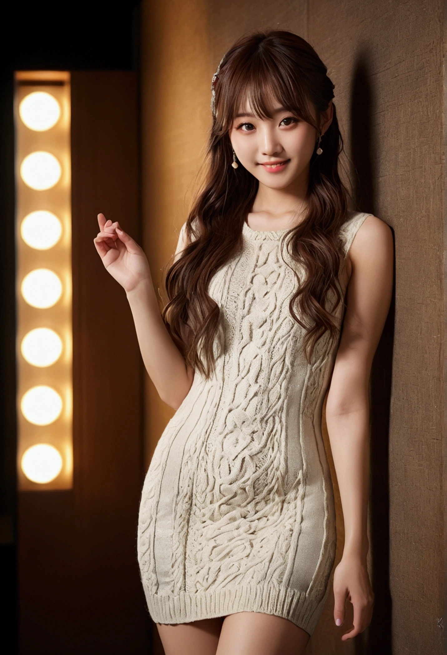 ((((highest quality))))、(((Ultra-precision CG16K wallpaper)))、(((masterpiece)))、(((Super detailed)))、(((super extreme details)))、１people&#39;s women、mature woman、25 year old woman、((Japanese face))、((very beautiful face))、((Minami Tanaka:1.5))、((Soft wave semi-long hair:1.3))、(shiny hair)、bangs up to eyebrows、beautiful brown hair、beautiful delicate eyes、brown eyes、raised eyebrows、high nose、small nostrils、small mouth、seductive lips、mouth slightly open、beautiful breasts、C cup size breasts、plump body、perfect proportions、perfect anatomy、perfect composition、beautiful detailed shading、beautiful natural lighting、beautiful detail glow、Depth of bounds written、(((High chroma)))、(((real:1.9)))、((vivid:1.4))、((beautiful skin))、((skin texture))、((realな皮膚感))、(((cowboy shot:1.5)))、((Angle seen from the front:1.5))、((smile:1.4))、(Eyes looking at me:1.4)、bright sunshine、(((white wall:1.3)))、(standing pose:1.5)、(((Beige high neck sleeveless rib knit one-piece dress:1.5)))、