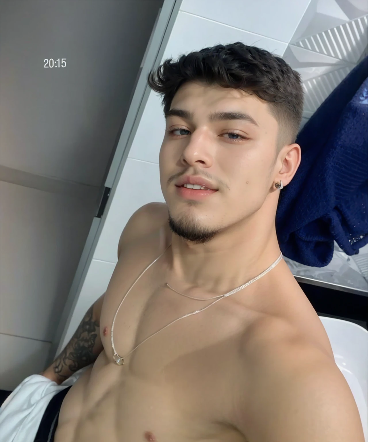 Youngh, age 25, offwhite, smooth handsome goatee, clear and deep eyes, muscular shirtless and straight black hair, cute earring