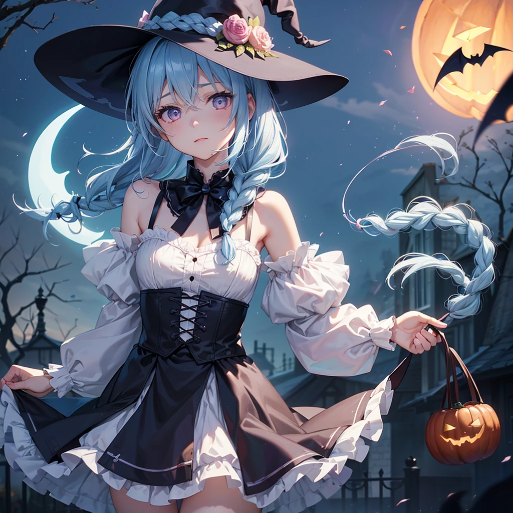 (Light blue medium hair:1.2),(Braided hair:1.2)、Pink eyes、Fair skin、cowboy shot、Halloween、The background is a pumpkin ghost、Crescent Moon、Trick or Treat、A lot of sweets、witch、Halloween night、Candy、many bat、Condescending expression、solo、(masterpiece、Highest quality、Very detailed、Best Shadow)、(Detailed Background)、(Beautifully detailed face)、High contrast、(Best lighting、Very delicate and beautiful)、(Cinematic Light)、colorful、Hyper Detail、Dramatic Light、Exquisite detail、