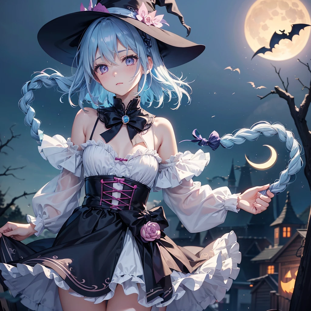 (Light blue medium hair:1.2),(Braided hair:1.2)、Pink eyes、Fair skin、cowboy shot、Halloween、The background is a pumpkin ghost、Crescent Moon、Trick or Treat、A lot of sweets、witch、Halloween night、Candy、many bat、Condescending expression、solo、(masterpiece、Highest quality、Very detailed、Best Shadow)、(Detailed Background)、(Beautifully detailed face)、High contrast、(Best lighting、Very delicate and beautiful)、(Cinematic Light)、colorful、Hyper Detail、Dramatic Light、Exquisite detail、