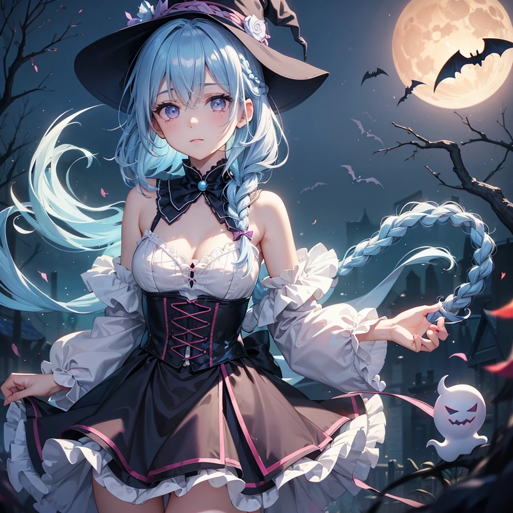 (Light blue medium hair:1.2),(Braided hair:1.2)、Pink eyes、Fair skin、cowboy shot、Halloween、The background is a pumpkin ghost、Crescent Moon、Trick or Treat、A lot of sweets、witch、Halloween night、Candy、many bat、Condescending expression、solo、(masterpiece、Highest quality、Very detailed、Best Shadow)、(Detailed Background)、(Beautifully detailed face)、High contrast、(Best lighting、Very delicate and beautiful)、(Cinematic Light)、colorful、Hyper Detail、Dramatic Light、Exquisite detail、