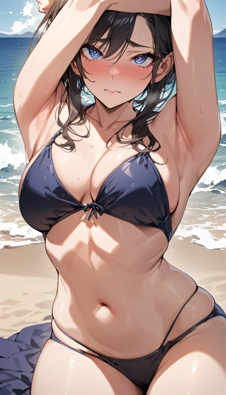 masterpiece, High resolution, perfect face, Japan beauties, 30 years old, beautiful face, beach, bikini, embarrassed look, look at the camera, (top quality eyes), detailed texture, Look at me, Married woman, cool women, ((high resolution eyes)), hentai, ass job
