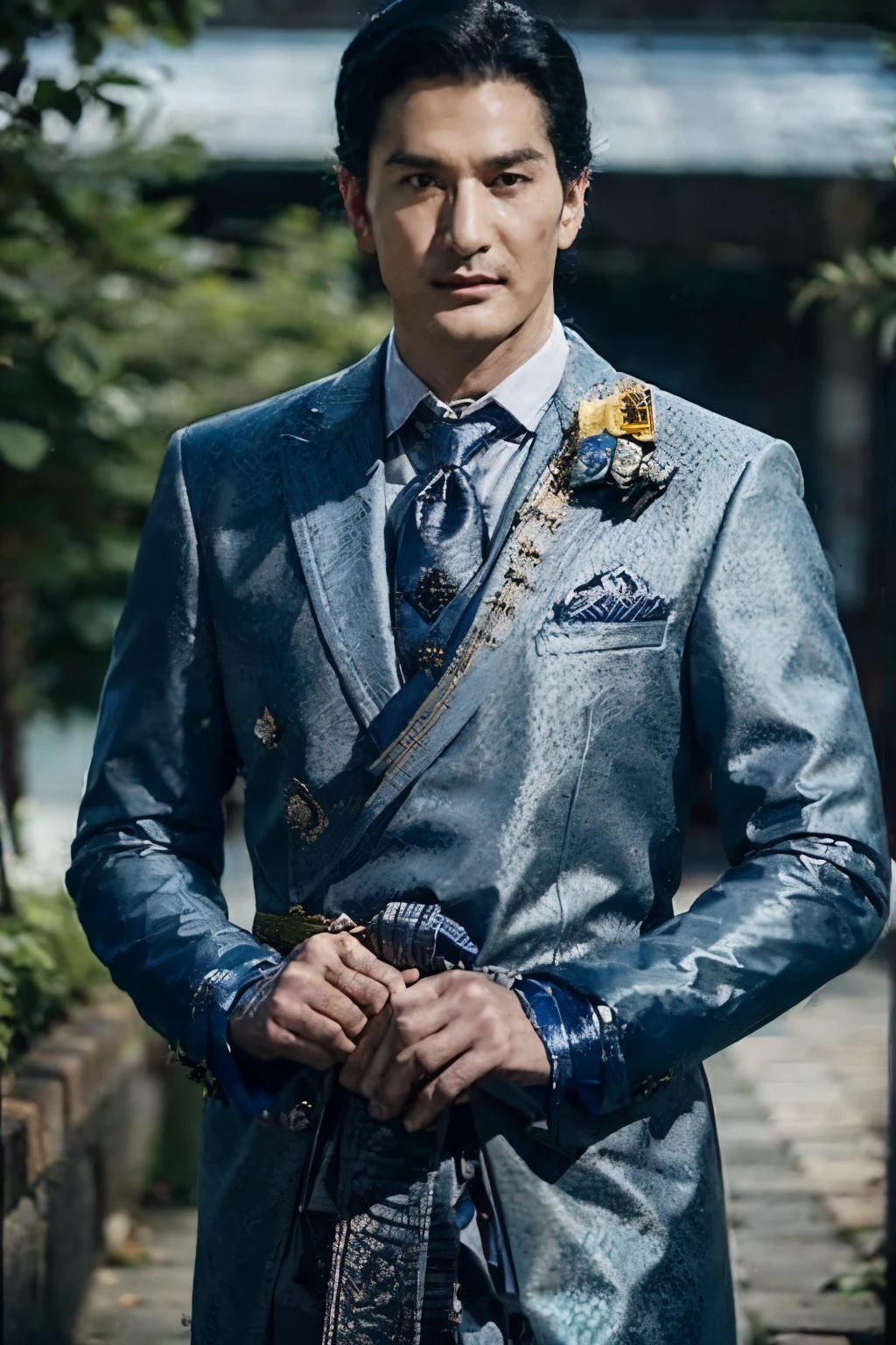 arafed man in a blue jacket and tie standing with his hands in his pockets, harmony blue jacket, blue uniform, sukhothai costume, blue jacket, traditional tai costume, wearing blue jacket, wearing authentic attire, formal attire, wearing blue robe, blue robe, blue suit, royal attire, tai costume, in style of thawan duchanee, traditional clothes