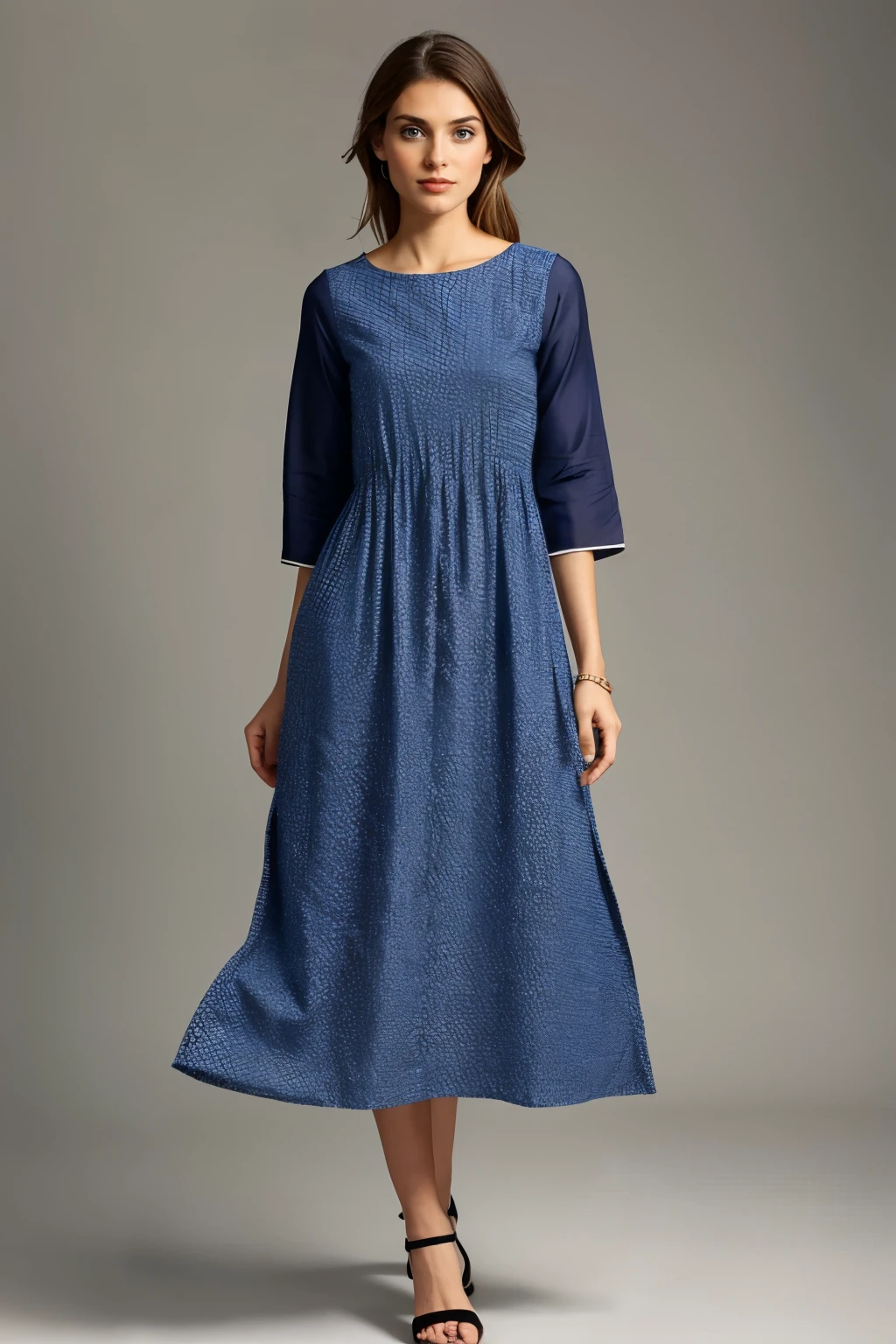 The dress in the image is a sophisticated kurti featuring a mix of traditional and contemporary design elements.
1. **Color and Pattern**: The dress is predominantly beige with an intricate floral print in shades of brown and grey, giving it a natural and elegant appearance.
2. **Neckline**: It has a round neckline with a short, subtle slit at the front, adding a touch of modernity.
3. **Sleeves**: The sleeves are elbow-length, which adds to the modest and versatile look of the outfit.
4. **Fit and Length**: The kurti is tailored in a straight cut that falls just below the knee. It includes side slits, ensuring ease of movement and comfort.
5. **Fabric**: The fabric appears to be a lightweight and breathable material, suitable for both casual and semi-formal occasions.
6. **Styling**: The model accessorizes the kurti with white strappy sandals and a white tote bag, enhancing the casual yet chic vibe of the outfit.
((Dark background, rim light, key lights,))