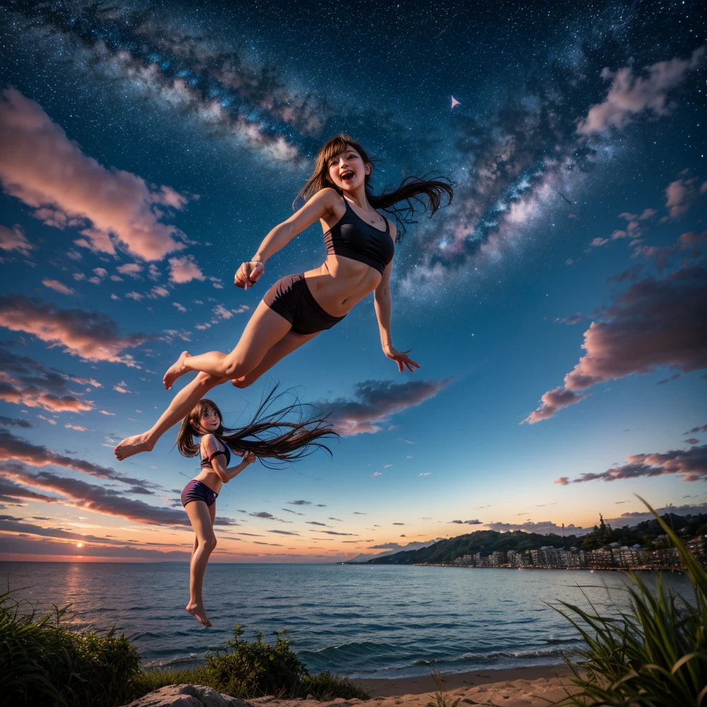 (White and vivid colors, exposed:1.2), (Legwear:-1), (Acutance:0.85), (Upward composition, Thongs:1.2), surfer girls (Flying, Jumping High:1.5), ((face variations)), { Navel | pretty Ass || Thongs | Delicate lace knitted wear | (morning glowing) }, { Oiled pearl skin with tanlines | Childish | Overflowing | Biomechanical HUGE and HEAVY boob } . BREAK (portrayed in the best quality and high resolution, ultra-detailed, realistic and (photorealistic:1.37) with a touch of rawness). { Volumetric (back lighting) | concept art | enhancing the overall visual impact }. { Whole Body proportions and all limbs are anatomically accurate | ((Gigantic Overflowing sideboob:1.25)) | (:d) | (Different types of hair colors) } . Colorful Sky background with Sunrising (Above splashing big wave)
