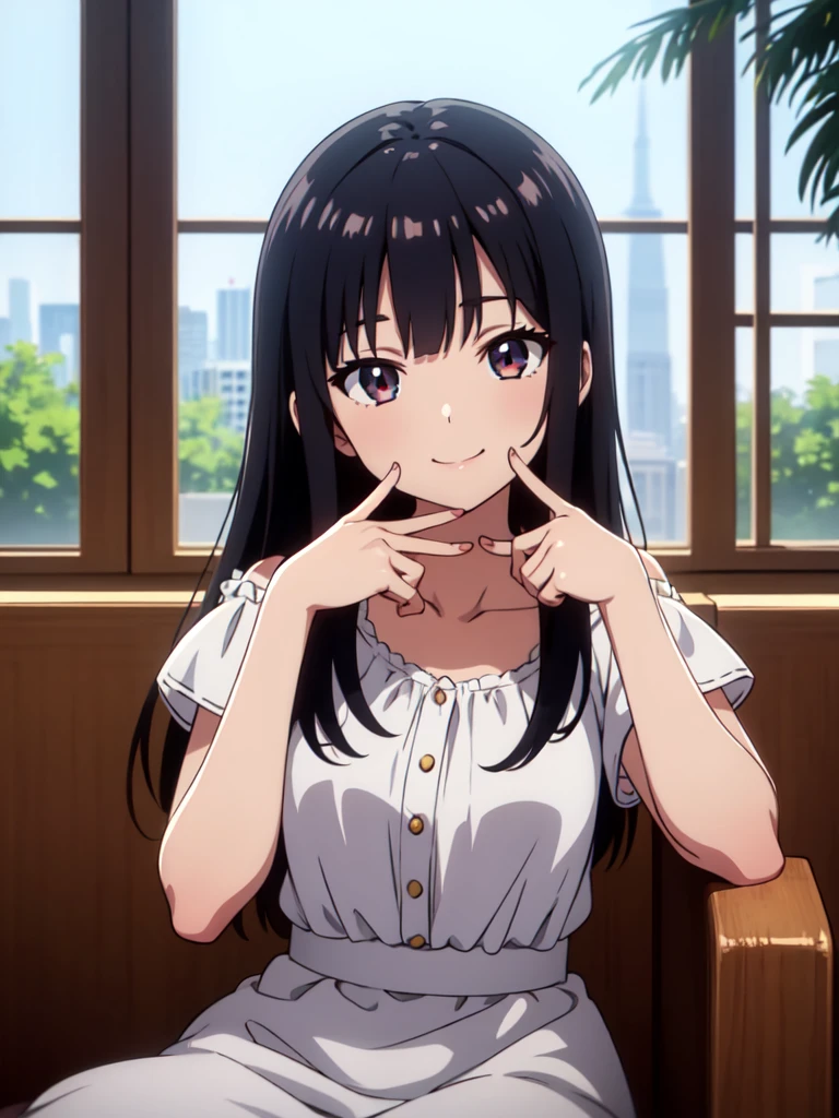 1girl, sitting on chair, (raise hand), bent arm, elbow, (palms:1.5), (spread fingers:1.4), (head tilt), smile, white sundress, black hair, dark brown eye,
(from front:1.4), upper body, indoors,
anime, high brightness, detailed face, detailed eyes,
(high quality, ultra detailed, masterpiece, super detail, highres, anatomically correct, UDH),
anime style, extremely cute, good hands, good fingers