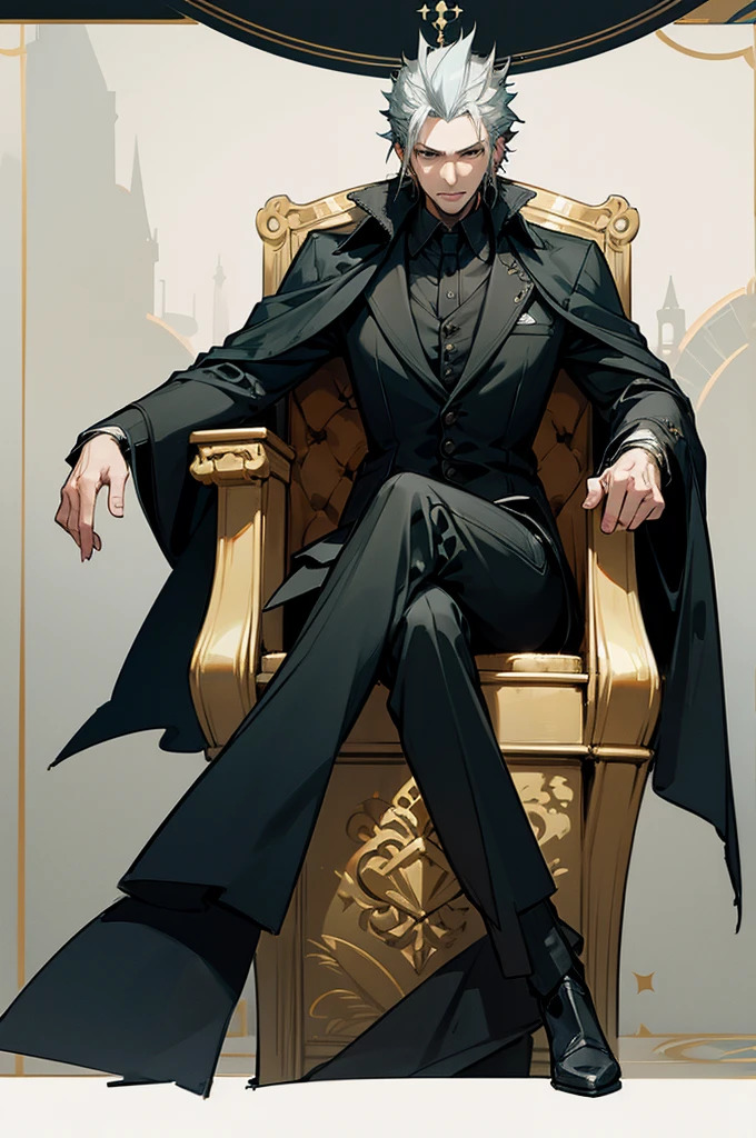 1 male, king regis from final fantasy xv, sitting on a throne, looking at you, legs crossed, black suit, grey cape