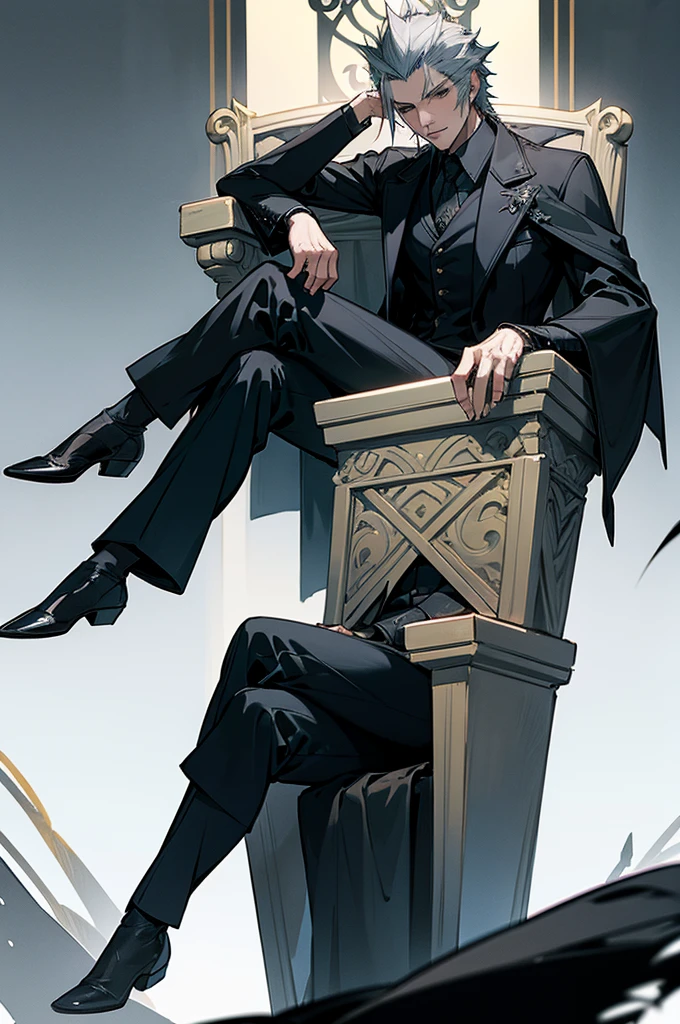 1 male, king regis from final fantasy xv, sitting on a throne, looking at you, legs crossed, black suit, grey cape