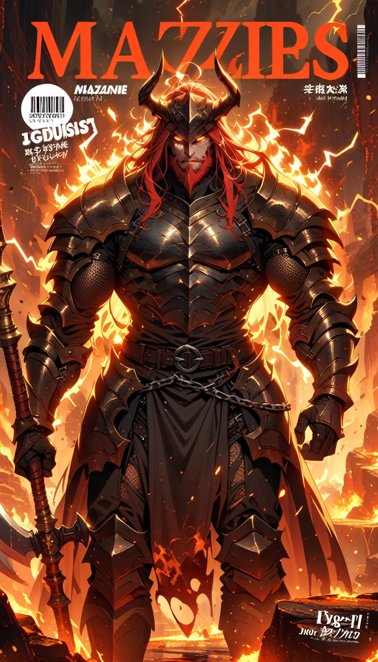 ((best quality)) , ((masterpiece)) , (detailed),axe, 1boy, male focus, horns, glowing eyes, holding, beard, glowing, solo, weapon, holding axe, facial hair, muscular, fire, holding weapon, chain, looking at viewer, long hair, lightning, muscular male, red hair, horned helmet, armor, helmet, belt, fake horns, molten rock, feet out of frame, standing, battle axe, electricity,(((Horror-themed , Eerie, unsettling, dark, spooky, suspenseful, grim, highly detailed)))