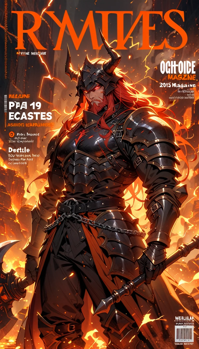 ((best quality)) , ((masterpiece)) , (detailed)，axe, 1boy, male focus, horns, glowing eyes, holding, beard, glowing, 独奏, weapon, holding axe, facial hair, muscular, fire, holding weapon, chain, looking at viewer, long hair, lightning, muscular male, red hair, horned helmet, armor, helmet, belt, fake horns, molten rock, feet out of frame, standing, battle axe, electricity,(((magazine cover，Headline，Barcode，Large Characters)))