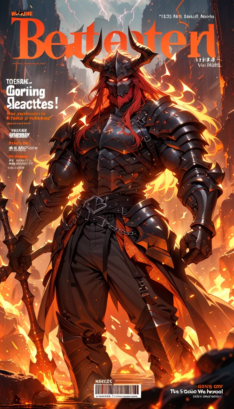 ((best quality)) , ((masterpiece)) , (detailed),axe, 1boy, male focus, horns, glowing eyes, holding, beard, glowing, 独奏, weapon, holding axe, facial hair, muscular, fire, holding weapon, chain, looking at viewer, long hair, lightning, muscular male, red hair, horned helmet, armor, helmet, belt, fake horns, molten rock, feet out of frame, standing, battle axe, electricity,(((magazine cover,Headline,Barcode,Large Characters)))