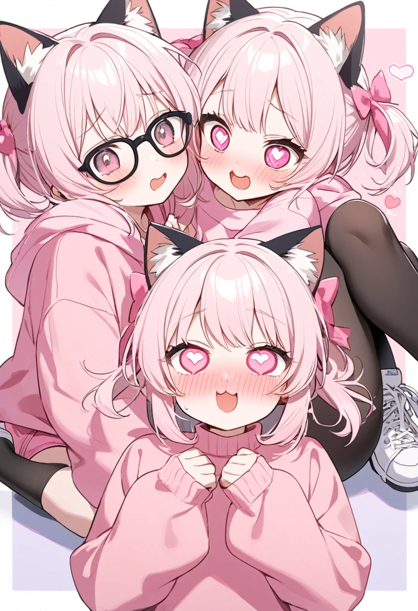 I have white pink hair, cat ears, a bun, my face is super blushing, black glasses, pink heart eyes, a big pink sweatshirt, a black skirt, black stockings, white shoes, a cat's tail, a girl. very shy that her parents are millionaires