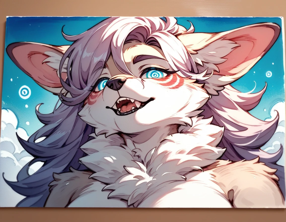  fox, anthro, young female, solo, pleasure face, heavy blushing, breathless, pink right iris, pink left iris, (pink fur), (detailed fur), (detailed skin), big breasts, white hair, white bangs, pink hair, pink ears, chest fluff, heart eyes,  ((NSFW)), ,[bright detailed ambient light], very long tongue, wide open mouth, detailed throat, saliva dripping, close up view of mouth