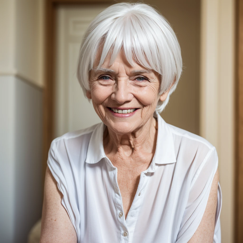 senior citizen, white  hair, visually impaired, blind, smiling for photo, fully body, High definition, 8k