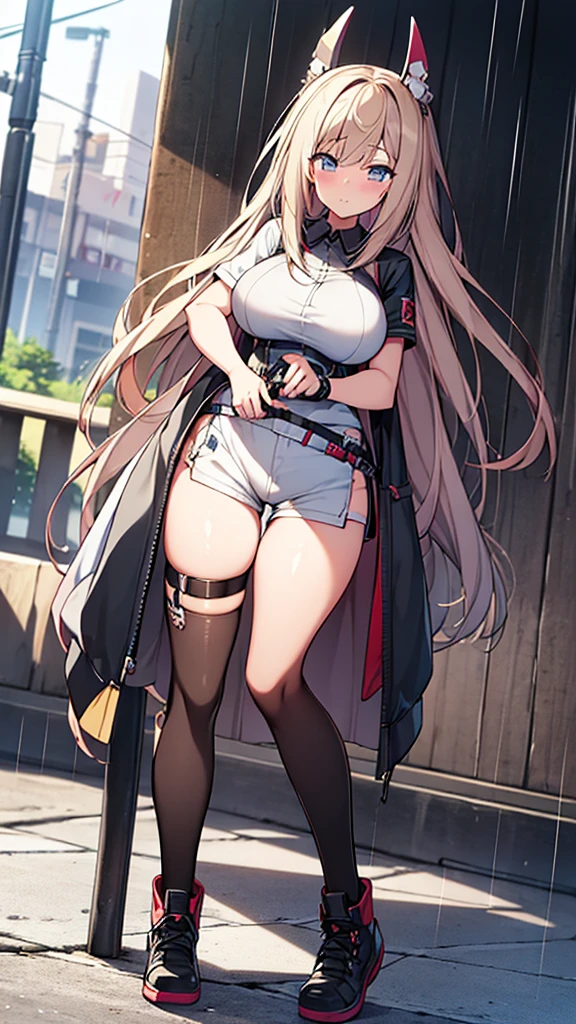 Full body image, front, One girl, 18-year-old, Mix 4, (32K, RAW Photos, Highest quality, masterpiece:1.2), (Anime-like, photoAnime-like:1.37), cute, Short sleeve T-shirt,Shorts,Black knee socks, night, rain, Humidity, Professional Lighting, Photon Mapping, Radio City, Physically Based Rendering, Super Resolution, (Big Breasts:1.2), {{The biological weapon that had preyed on the younger sister took her place and reunited with the older brother, The rebellious sister has become the obedient little sister}}, Girl Skull, whole body, NSFW