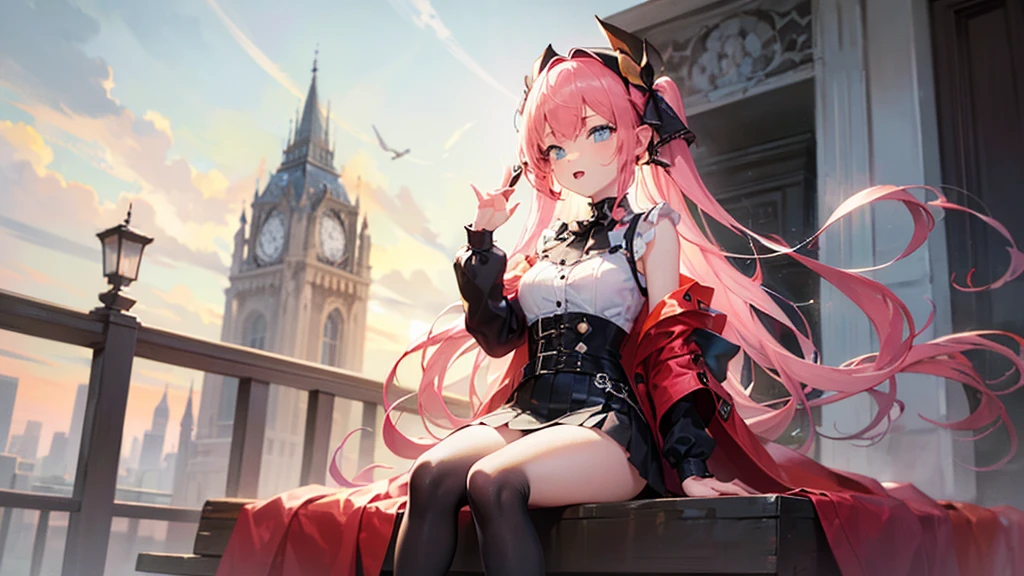 (finely detailed beautiful eyes and detailed face,masterpiece sidelighting,masterpiece,best quality,detailed,high resolution illustration),
(1girl,whole body,bishoujo,lustrous skin,looking down,looking at viewer),
(sky pink hair,Blue eyes,short skirt,ribbon)、tits、Beautiful 5 fingers、Black lace pants、真っ直ぐの指