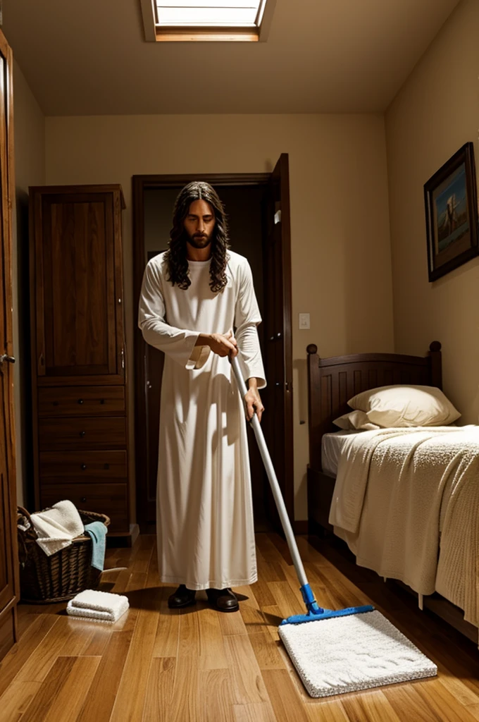 Jesus Christ cleaning a room 