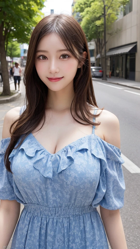 masutepiece, Best Quality, Illustration, Ultra-detailed, finely detail, hight resolution, 8K Wallpaper, Perfect dynamic composition, Beautiful detailed eyes, summer  dress,Medium Hair,  Same as, Natural Color Lip, Random and sexy poses,Smile,Aoyama Street Walk、27 years girl, big breast