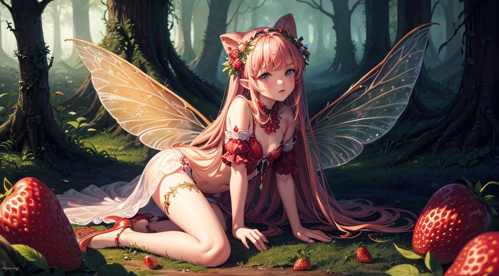 ( Absurd, High quality, ultra-detailed, masterpiece, concept art, smooth, highly detailed artwork, hyper-realistic painting ) , tiny , strawberry girl, Strawberries, cute, whole body, Romantic, Vivid, dreamy, fantasy, fairy wings, in the forest, enchanting glow, very detailed art, reveal clothes, sexy lace underwear