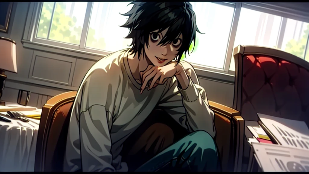 1 boy, man, perfect anatomy, mesmerizing black eyes, 8k resolution, (one person), (realism: 1.2), (masterpiece: 1.2), (cowboy frame: 1.2), dark romantic lighting, (high detail: 1.2), (detailed face: 1.2), (gradients), bright detailed eyes, (natural light: 1.2), solo, indoors, perfect lighting, (black lips), vampire fangs, perfect facial features, perfect angle, perfectly drawn eyes, man, smile, skinny, sitting