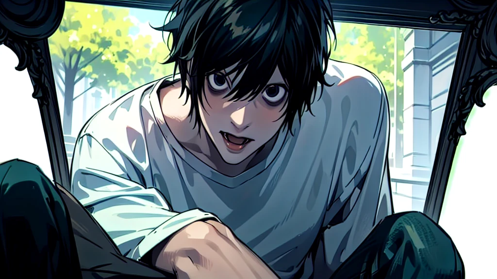 1 boy, man, perfect anatomy, mesmerizing black eyes, 8k resolution, (one person), (realism: 1.2), (masterpiece: 1.2), (cowboy frame: 1.2), dark romantic lighting, (high detail: 1.2), (detailed face: 1.2), (gradients), bright detailed eyes, (natural light: 1.2), solo, indoors, perfect lighting, (black lips), vampire fangs, perfect facial features, perfect angle, perfectly drawn eyes, man, smile, skinny, sitting