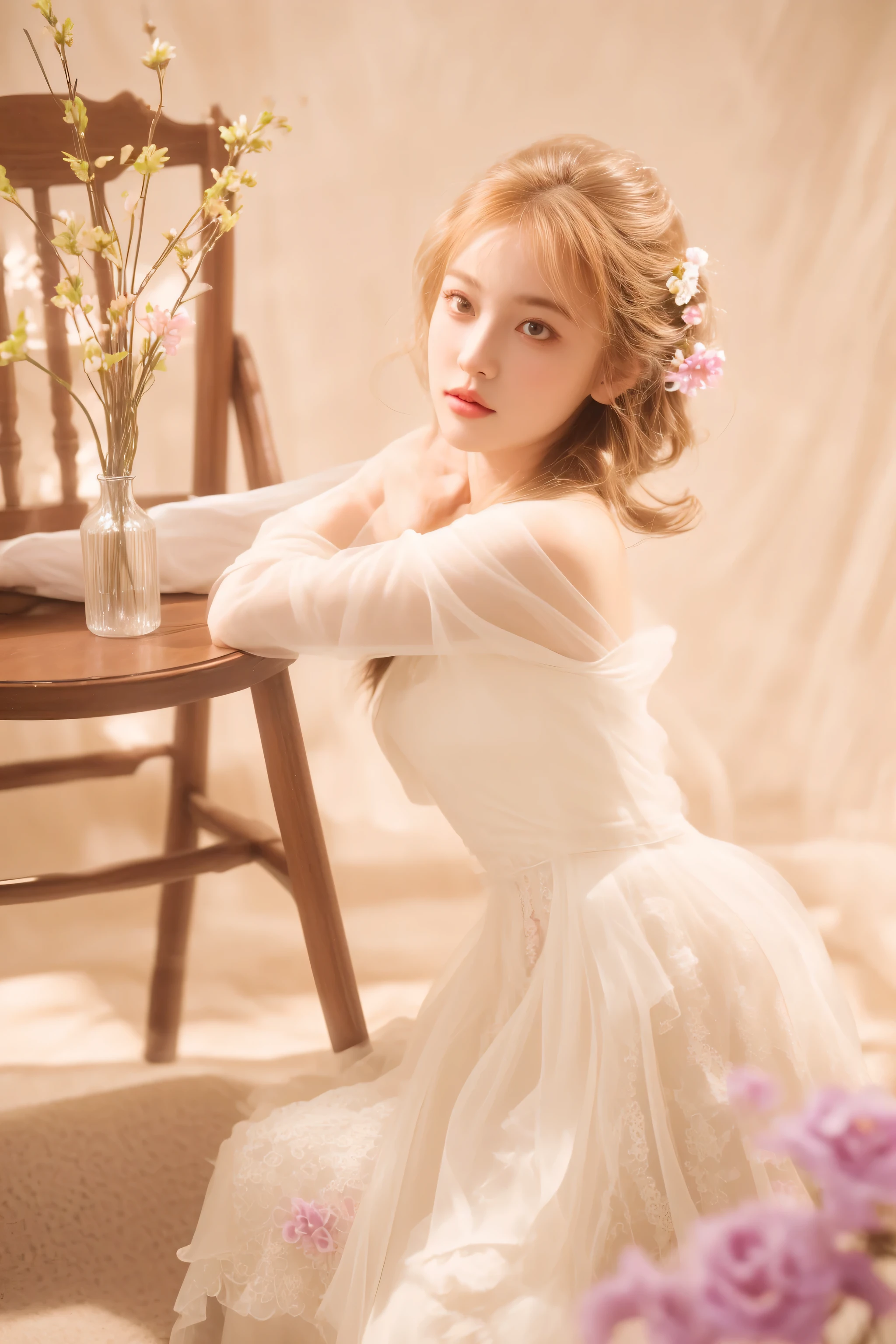 there is a woman sitting in a chair with a vase of flowers, ethereal and dreamy, ethereal beauty, dreamy and ethereal, soft ethereal lighting, very ethereal, ethereal!!!!!!!, a stunning young ethereal figure, ethereal!!!, ethereal fairytale, ethereal dreamy light, incredibly ethereal, delicate soft hazy lighting, dreamy hazy, with ethereal light, ethereal glow, dreamy scene