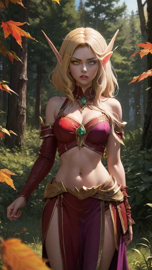 (Masterpiece, highly detailed, highly quality,  highly resolutions), SplitScreen, split screen, BREAK nightelf, angry, clenched teeth, glowing eyes, blue eyes, Purple Hair, colored skin, mature female, purple midriff, navel, purple spike shoulder pad, platinum trim, green leaves, jewelry, looking at viewer, forest, night, bare shoulders, spring season