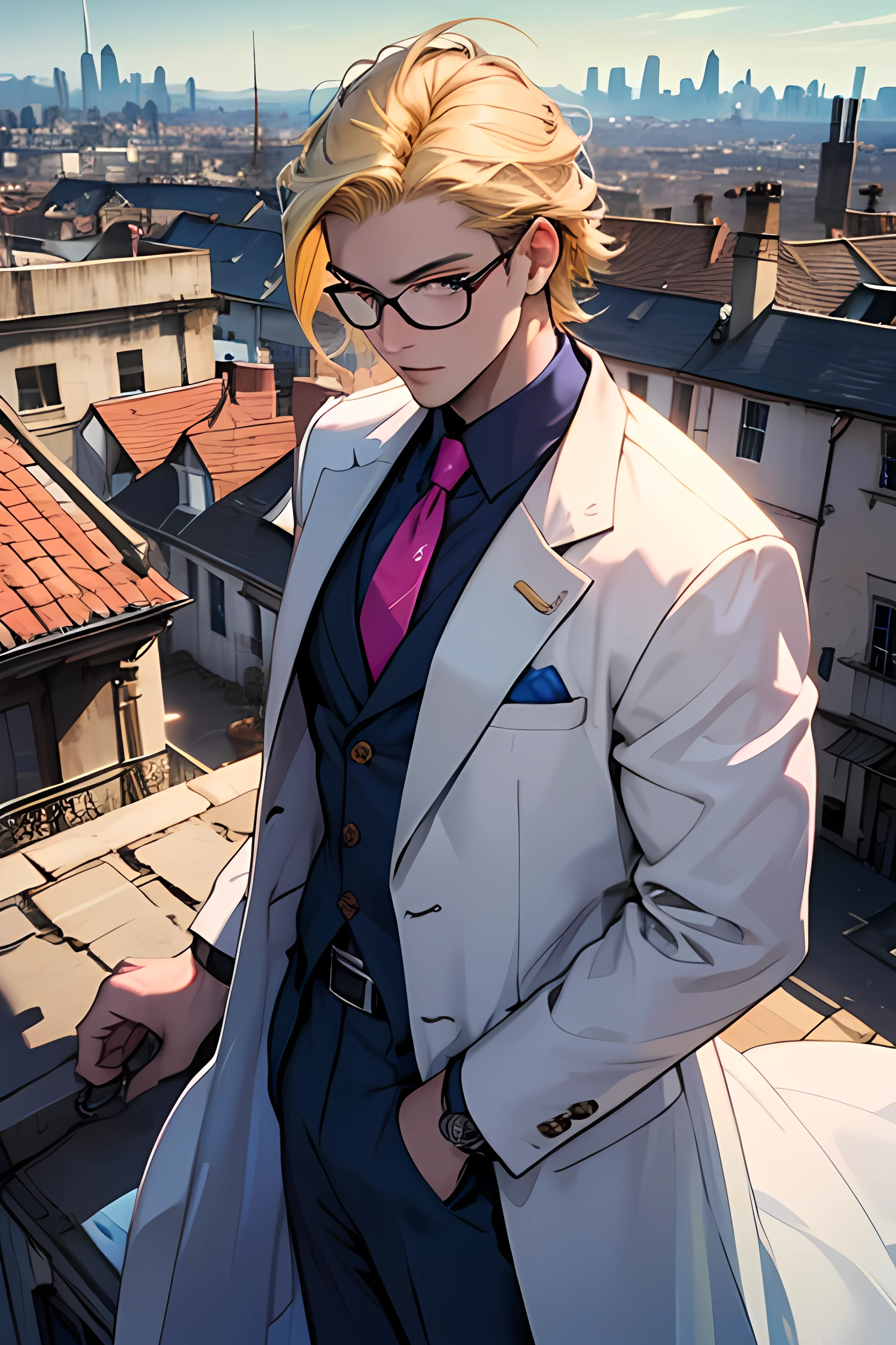 A man with blonde hair wearing a blue suit, a pink tie and a white overcoat with small glasses holding a pocket watch with a chain looking into space on top of a building overlooking a city