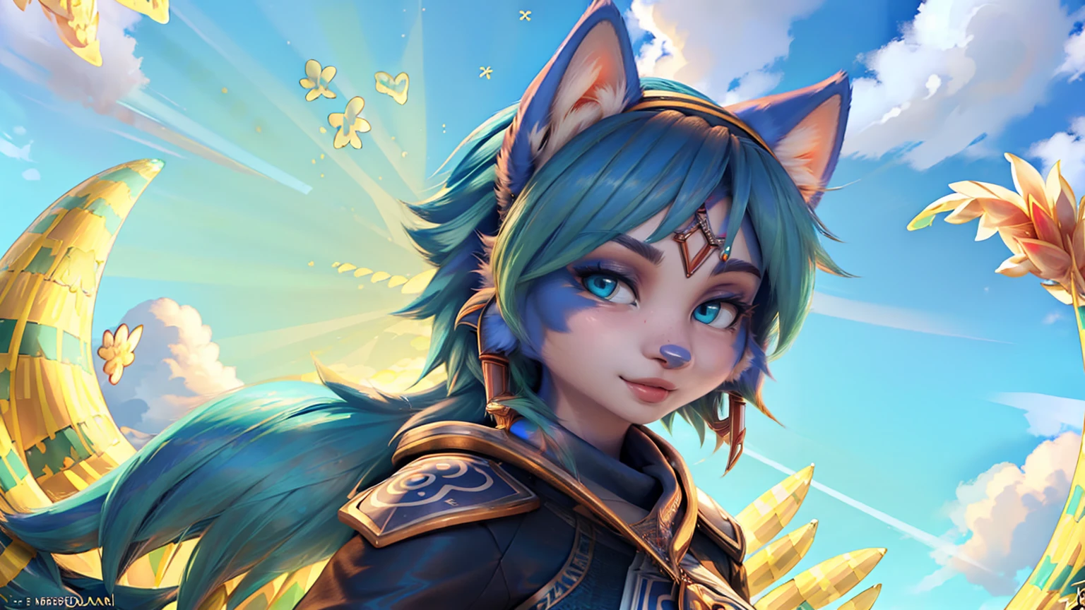 A beautiful and detailed (sweet picture) of ((Krystal)), Star Fox Krystal,  green eyes, medium breasts, (((Long blue hair 1.3))),  anthro, furry, (of Fluff-Kevlar, Bayard Wu, Personalami, Pino Daeni),  detailed fluffy fur, detailed face, (fluffy), 1 girl, alone, Haare bedecken ein Auge:1.4, (((geht über ein Feld mit hohem Gras :1.3))), (((schaut in den himmel:1.4))),