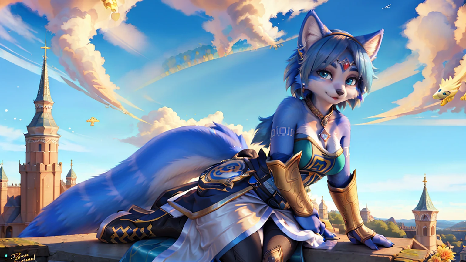 A beautiful and detailed (sweet picture) of ((Krystal)), Star Fox Krystal,  green eyes, medium breasts, (((Long blue hair 1.3))),  anthro, furry, (of Fluff-Kevlar, Bayard Wu, Personalami, Pino Daeni),  detailed fluffy fur, detailed face, (fluffy), 1 girl, alone, Haare bedecken ein Auge:1.4, (((geht über ein Feld mit hohem Gras :1.3))), (((schaut in den himmel:1.4))),