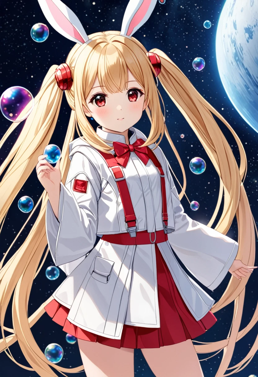 1girl, ,little_girl,ruby, blonde hair, twintails, bangs, red eyes, very long hair, crystal bunny ears, futuristic rabbit ears, wide sleeves, very short jacket, open jacket, white jacket, suspenders, futuristic outfit, bubbles, a space background in the background, 1girl, solo, skirt, blonde hair, long hair, navel, very long hair, white background, pleated skirt, long sleeves, cute,