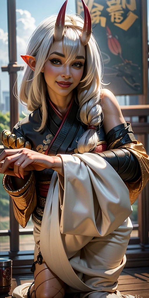 beautiful asian oni female warrior, wearing fishnet of shoulder kimono, squatting down with thick curvy mature body yet muscular, long and voluminous white hair blown by the wind, ((2 long oni horns)), reddish fair skin , perfect face features, expressive eyes , thick lips with a seductive grin, thin nose, 