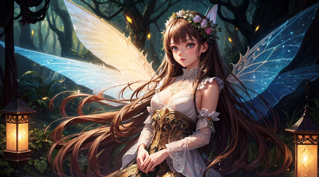 (Best Quality, Masterpiece), 1girl, Pose, Particle, Wind, Flower, Upper Body, Simple Background, Looking at the Viewer, Fairy Flower, Wings, Forest, Night, Moon Light