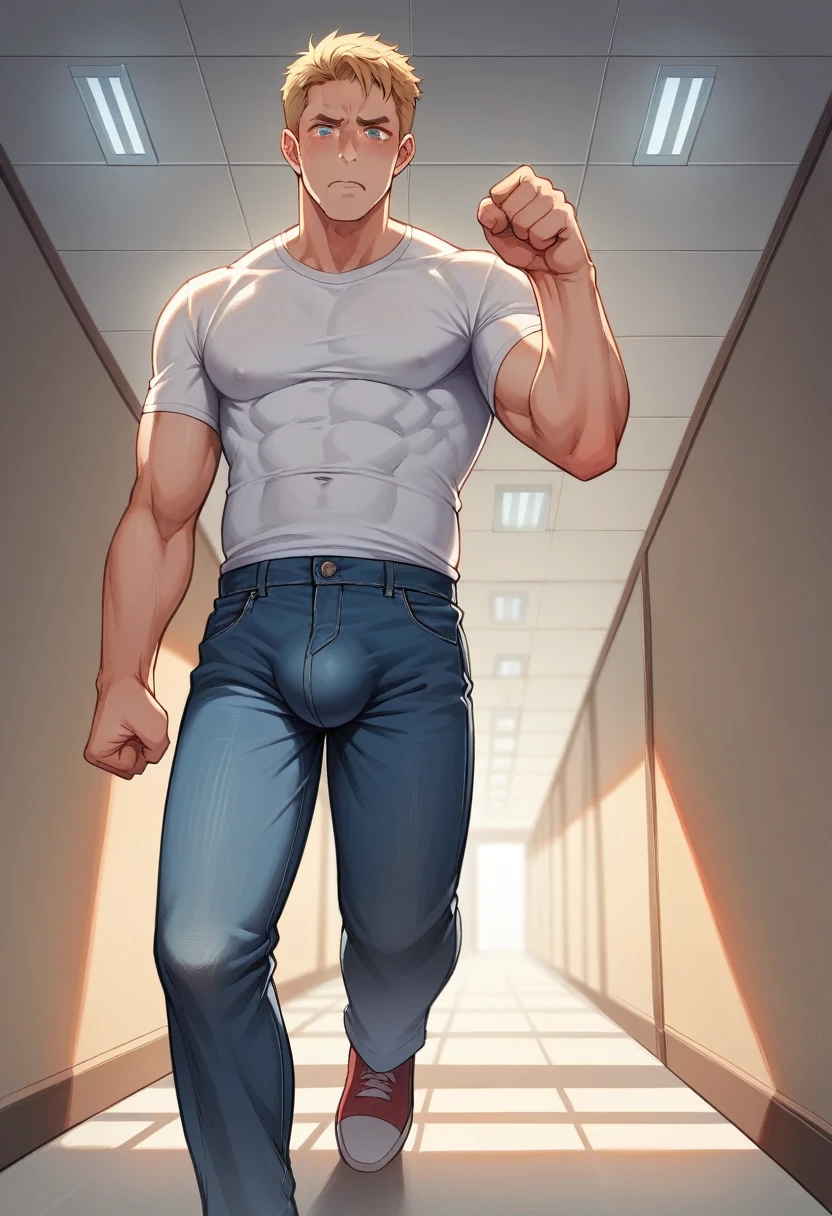 Illustration, detailed illustration, ultra detailed, masterwork, 1boy, 20 year old man, handsome, toned, sad expression, anguished expression, upward angle, dynamic angle, looking at viewer, short blonde hair, blue eyes, hallway, red, jeans, one clenched fist, pointing at viewer, raised fist, tears in eyes, looking down, dynamic pose, huge bulge