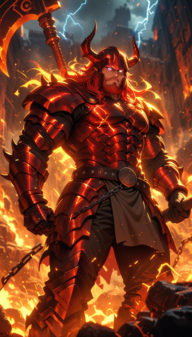 ((best quality)) , ((masterpiece)) , (detailed)，axe, 1boy, male focus, horns, glowing eyes, holding, beard, glowing, solo, weapon, holding axe, facial hair, muscular, fire, holding weapon, chain, looking at viewer, long hair, lightning, muscular male, red hair, horned helmet, armor, helmet, belt, fake horns, molten rock, feet out of frame, standing, battle axe, electricity,(((Thor Odinson,The God of Thunder)))