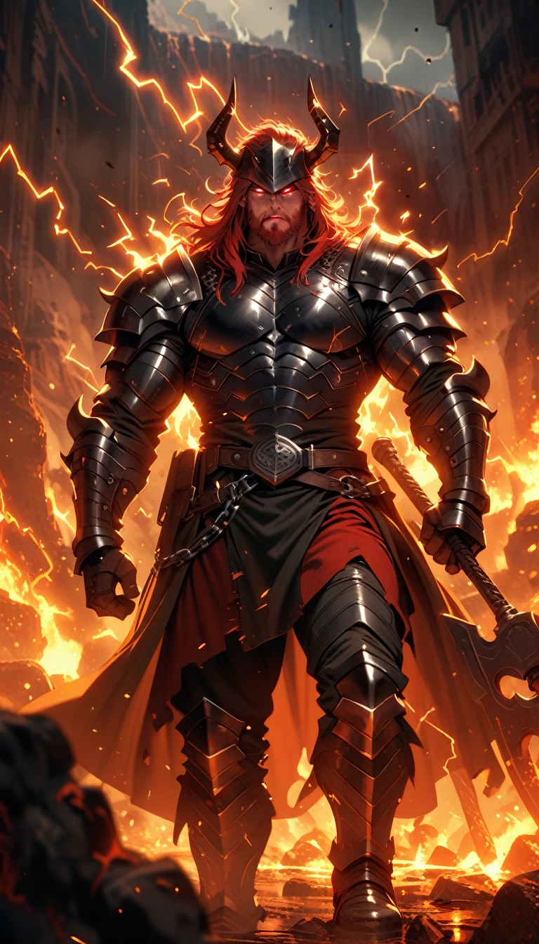 ((best quality)) , ((masterpiece)) , (detailed)，axe, 1boy, male focus, horns, glowing eyes, holding, beard, glowing, solo, weapon, holding axe, facial hair, muscular, fire, holding weapon, chain, looking at viewer, long hair, lightning, muscular male, red hair, horned helmet, armor, helmet, belt, fake horns, molten rock, feet out of frame, standing, battle axe, electricity,(((Thor Odinson,The God of Thunder)))