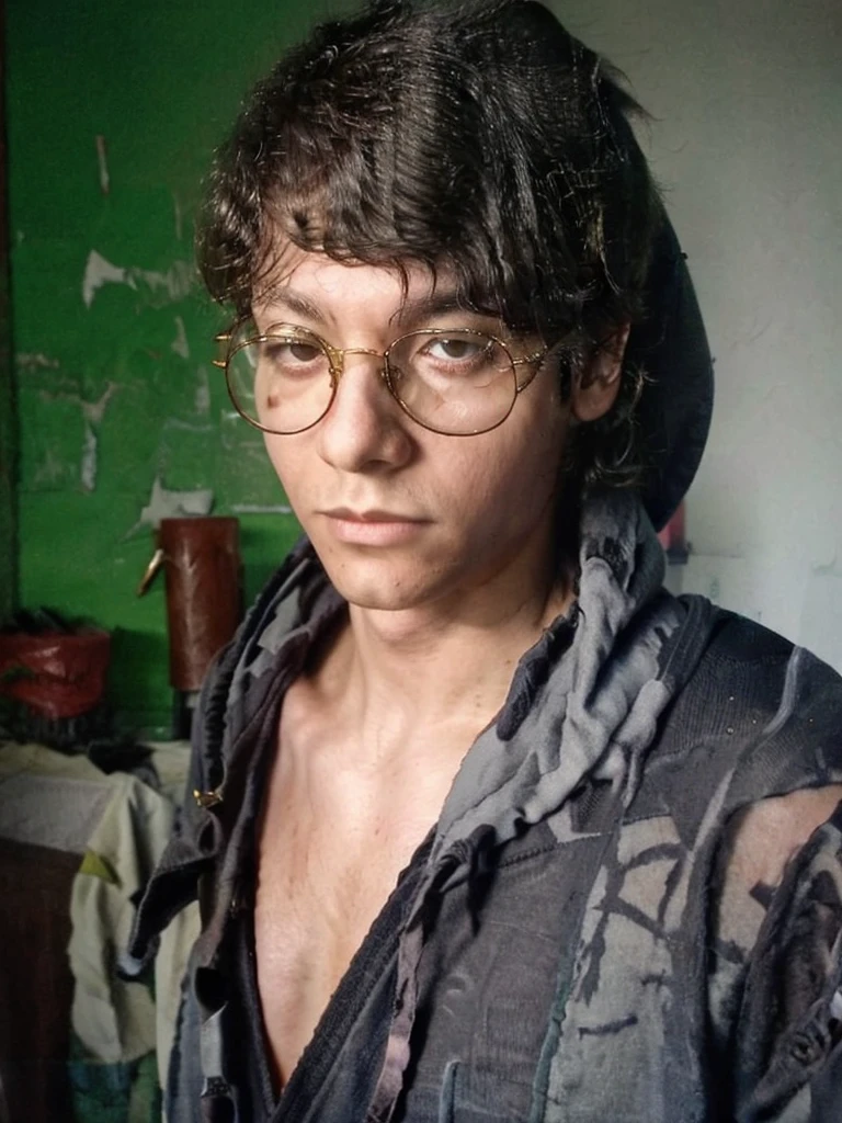 ((cpzrinn)), Photorealistic, (close up: 1.5), (face exposed), (20 year old young man), (walking on the street: 1.2), (wearing a hooded sweater:1.5), (wearing round gold glasses: 1.5), man wearing wet outerwear, heavy rain background, dubnitskiy david fanart, realistic portrait, soft photorealistic, natural light, tones cold colors, bright colors, rainy environment, (hazy and dark atmosphere)